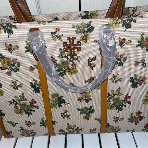 Tory Burch jumbo canvas tote shoulder bag natural rose floral yellow beige - Picture 13 of 14